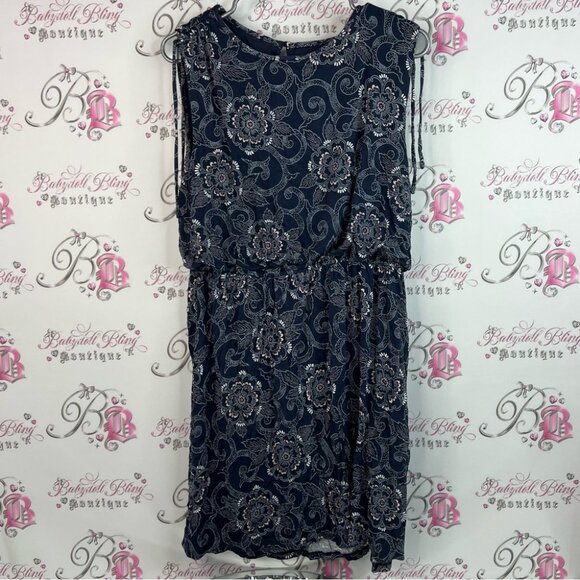 LOFT dress floral flowers tie up sleeve detail Navy and White Floral Midi Dress - Picture 1 of 10